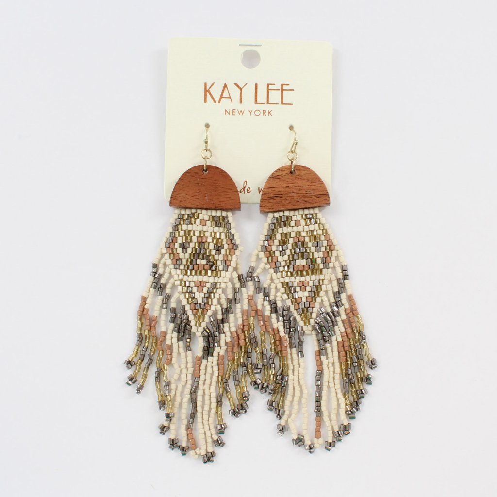 Kaylee Seed Beaded Beautiful Boho Wood Accent Fishhook Earrings Made In India